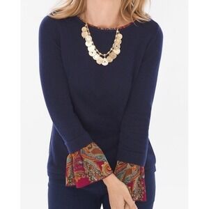 CHICOS Womens Sweater Sz 0 Blue Flared Sleeve Paisley Boho Pullover Cotton Blend